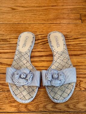 CHANEL Blue & White Striped Camellia Slide Sandals